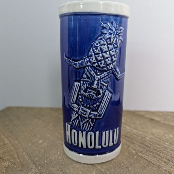 Vintage tiki glass ceramic Honolulu Blue and white pineapple - Picture 2 of 8